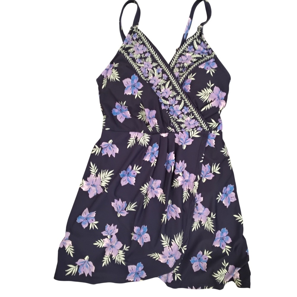 Lands End Women Small Navy Purple Floral Wrap Swim Dress One Piece Swimsuit